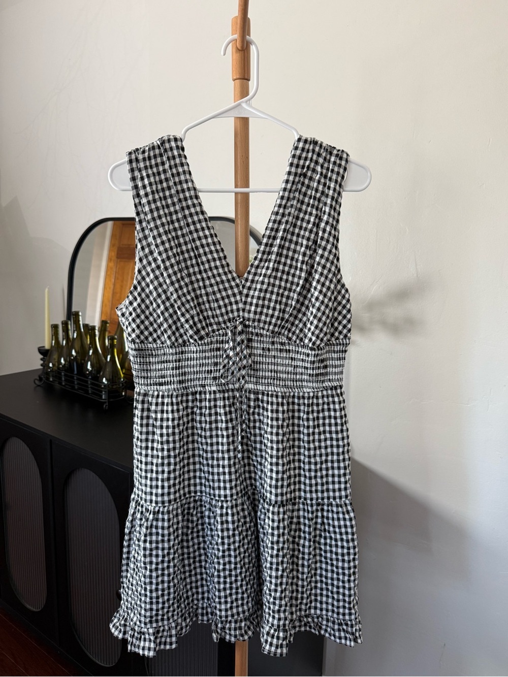 Heatherly Smocked Waist Gingham Mini Dress in Black & White Women’s Size L NWOT